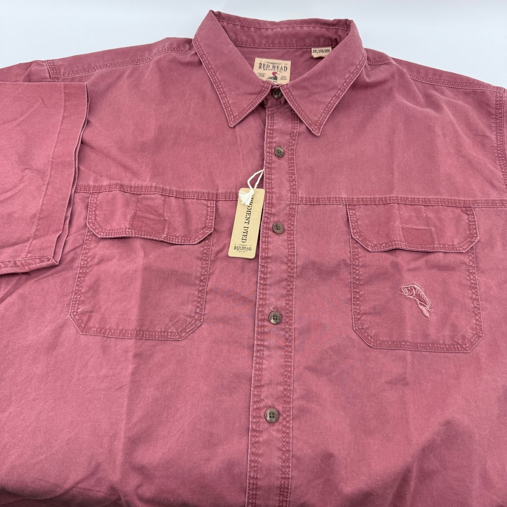 RedHead Button Down Shirt Men 2XL Pigment Dyed Short Sleeve Maroon Fish Logo NWT